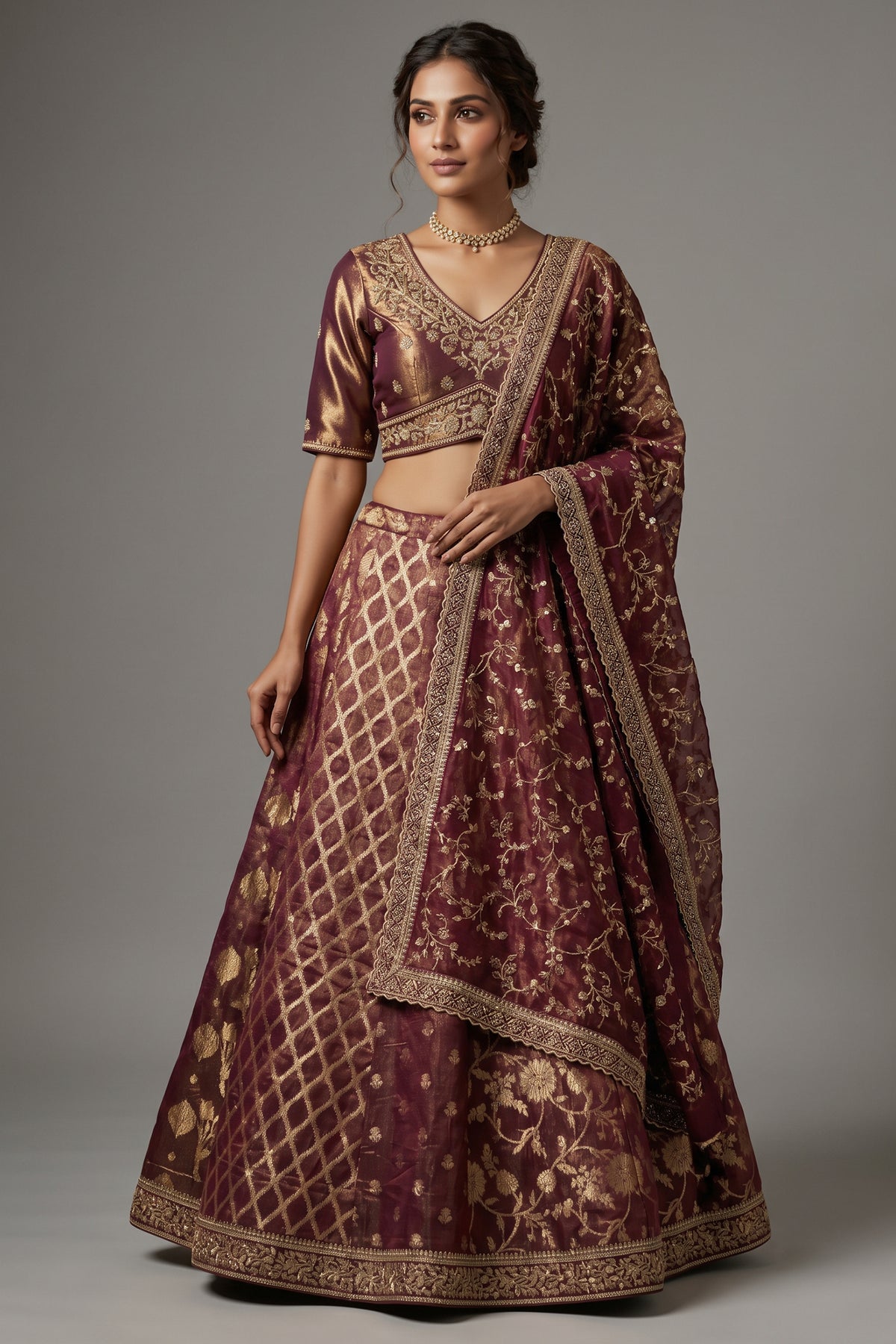 Magenta Tissue Woven Lehenga with Beads and Sequin Work