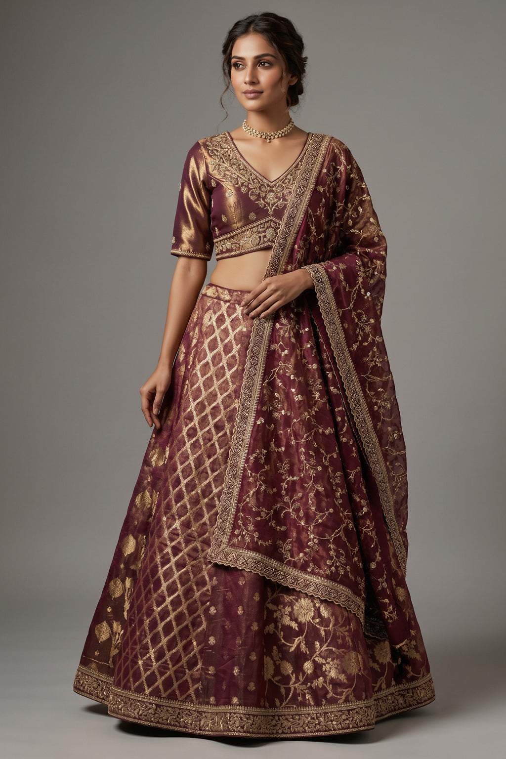 Magenta Tissue Woven Lehenga with Beads and Sequin Work