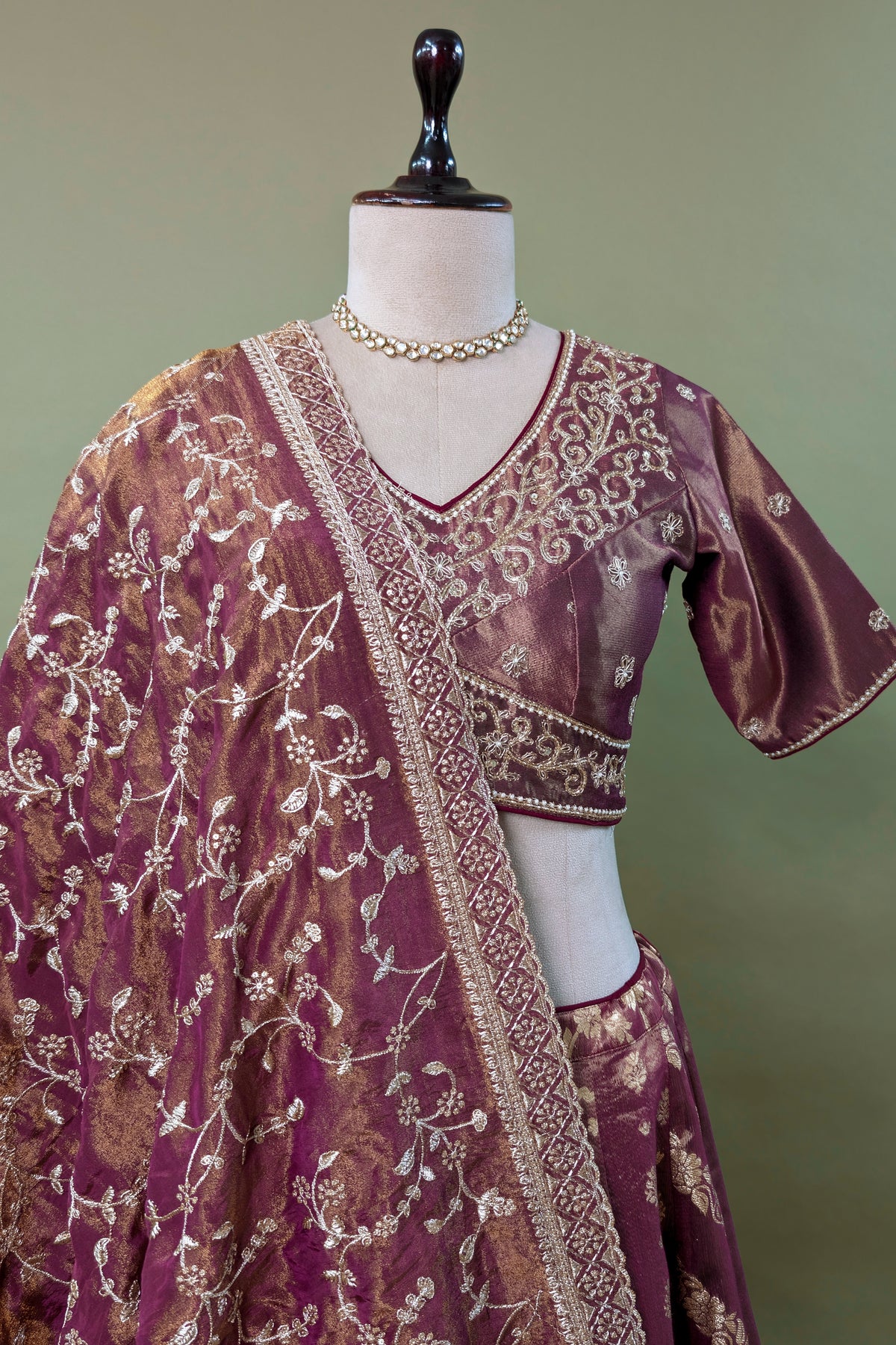 Magenta Tissue Woven Lehenga with Beads and Sequin Work