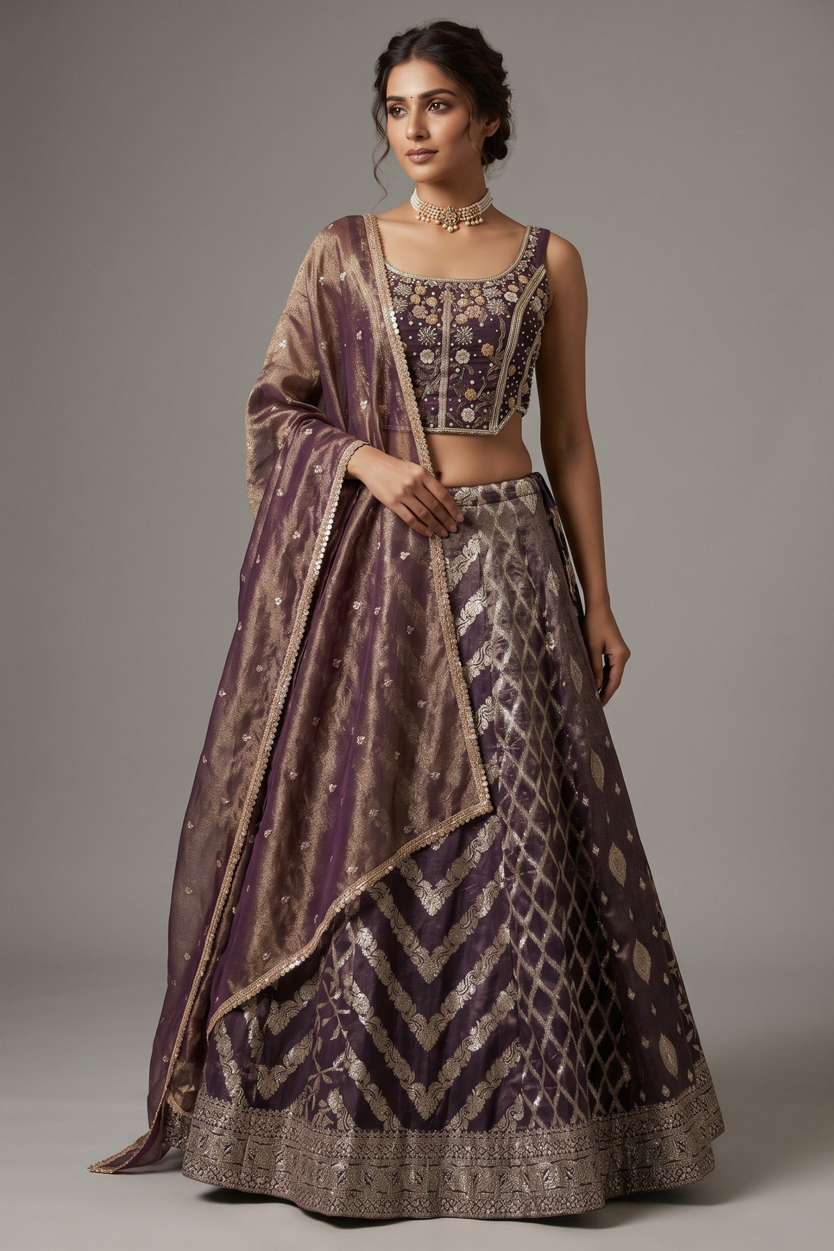 Brown Tissue Woven Lehenga with Sequin Beaded Corset Blouse