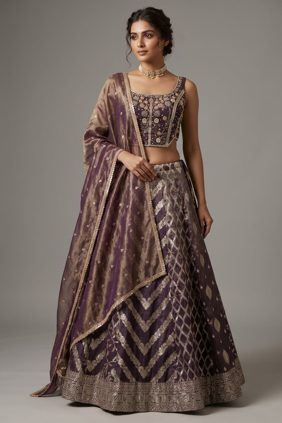Brown Tissue Woven Lehenga with Sequin Beaded Corset Blouse