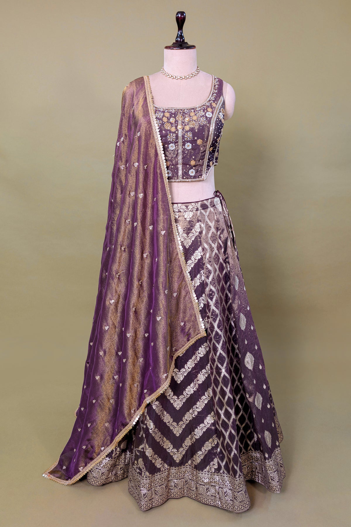 Brown Tissue Woven Lehenga with Sequin Beaded Corset Blouse