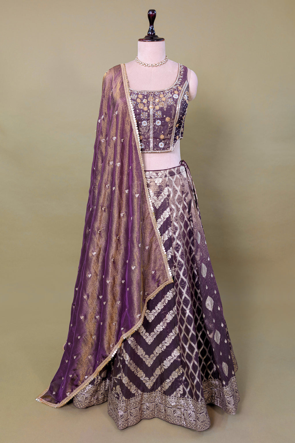 Brown Tissue Woven Lehenga with Sequin Beaded Corset Blouse