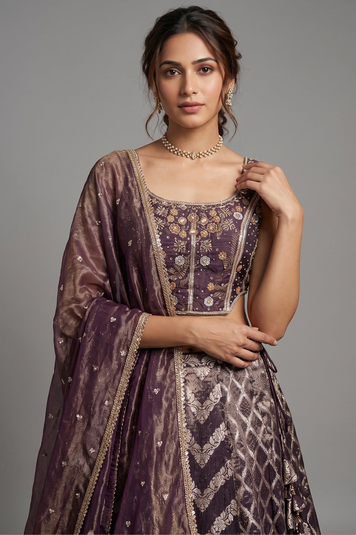 Brown Tissue Woven Lehenga with Sequin Beaded Corset Blouse