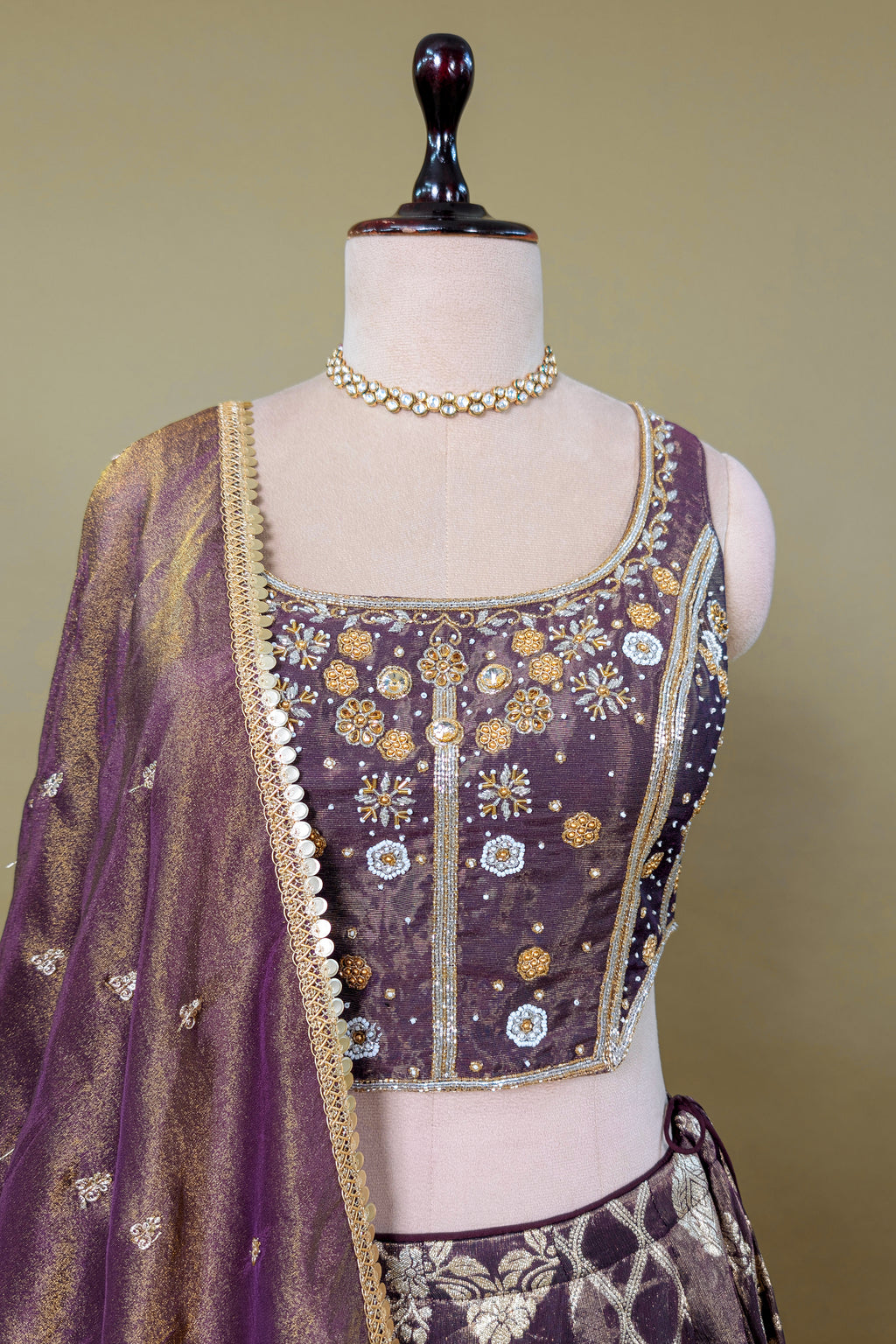 Brown Tissue Woven Lehenga with Sequin Beaded Corset Blouse