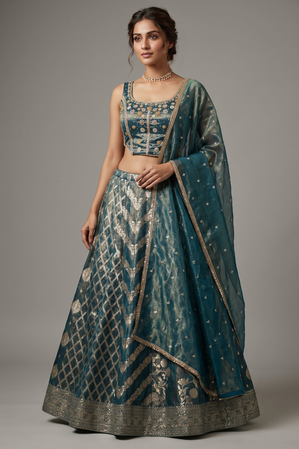 Green Tissue Woven Lehenga with Sequin Beaded Corset Blouse