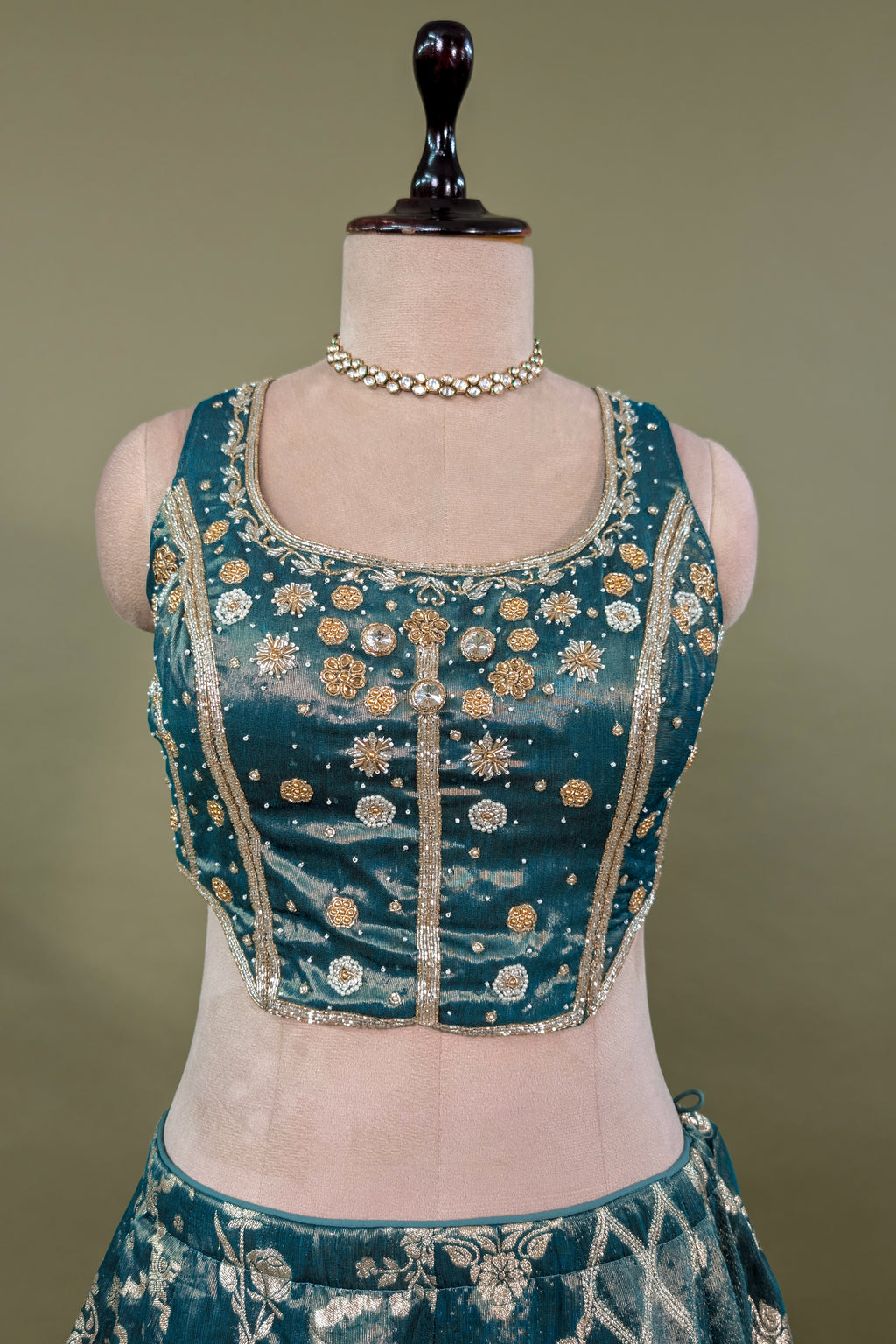 Green Tissue Woven Lehenga with Sequin Beaded Corset Blouse