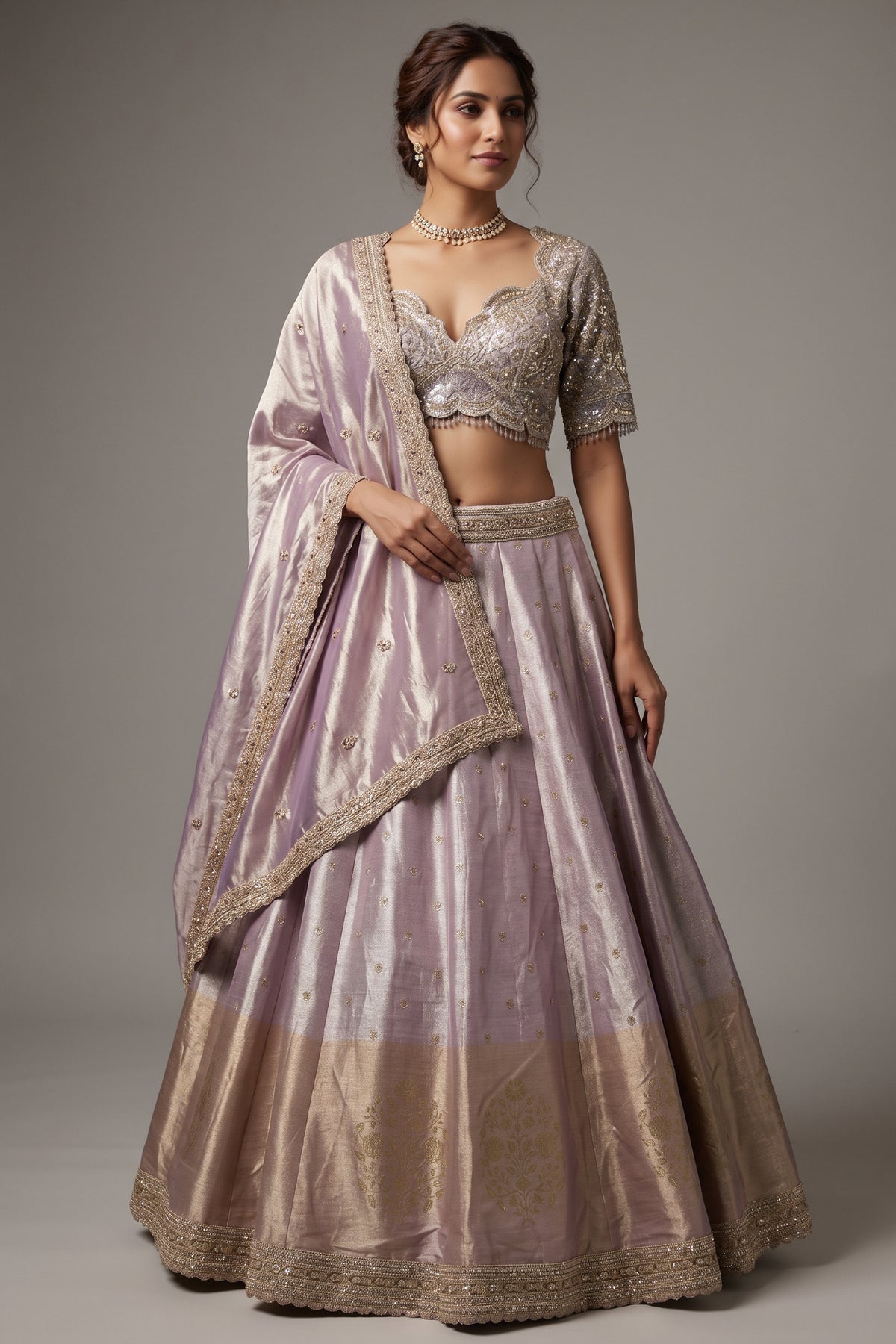 Lilac Purple Ombre Tissue Woven Lehenga
