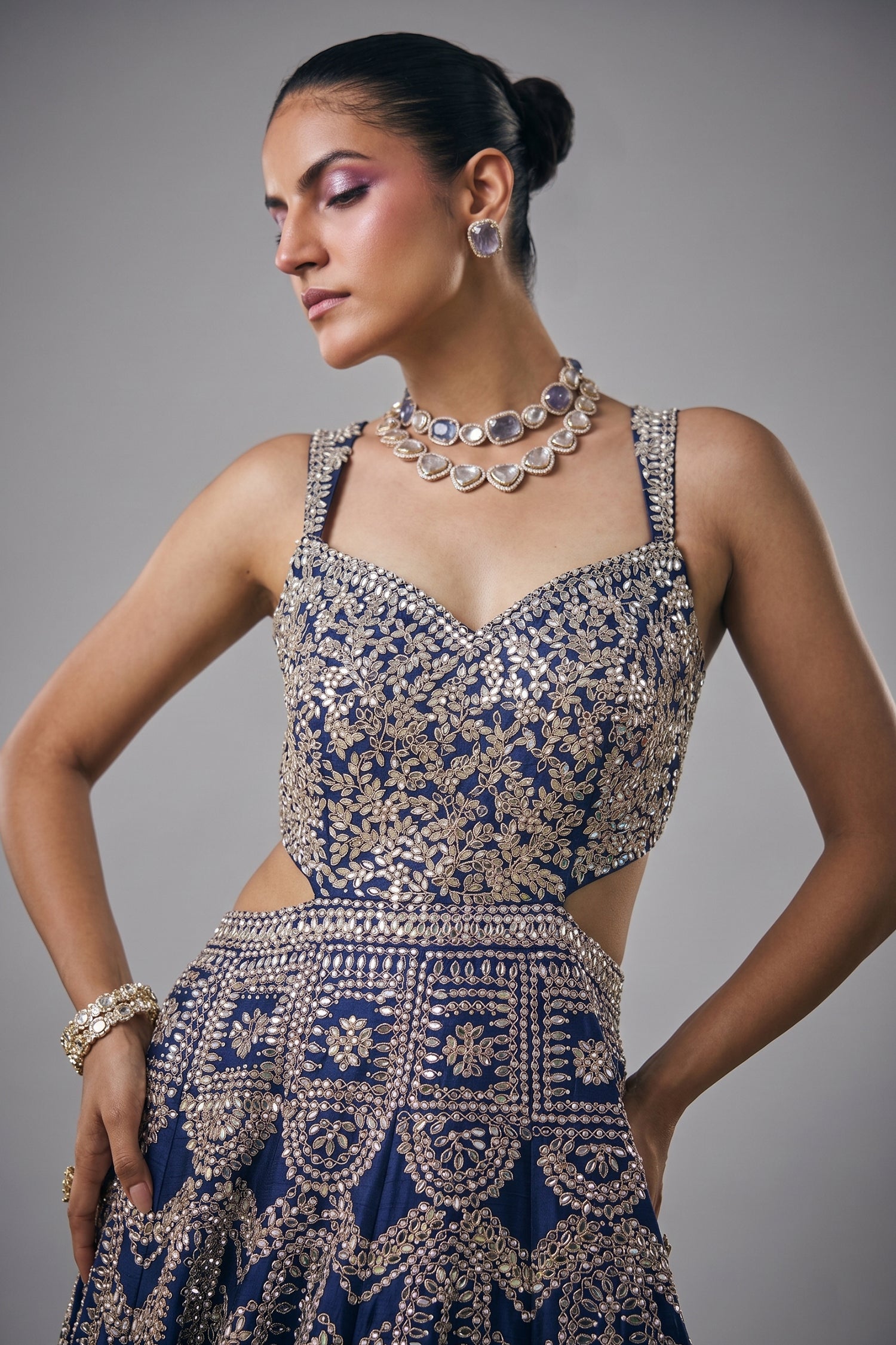 Blue Raw Silk Mirror Beaded Work Designer Side Cut Out Gown –