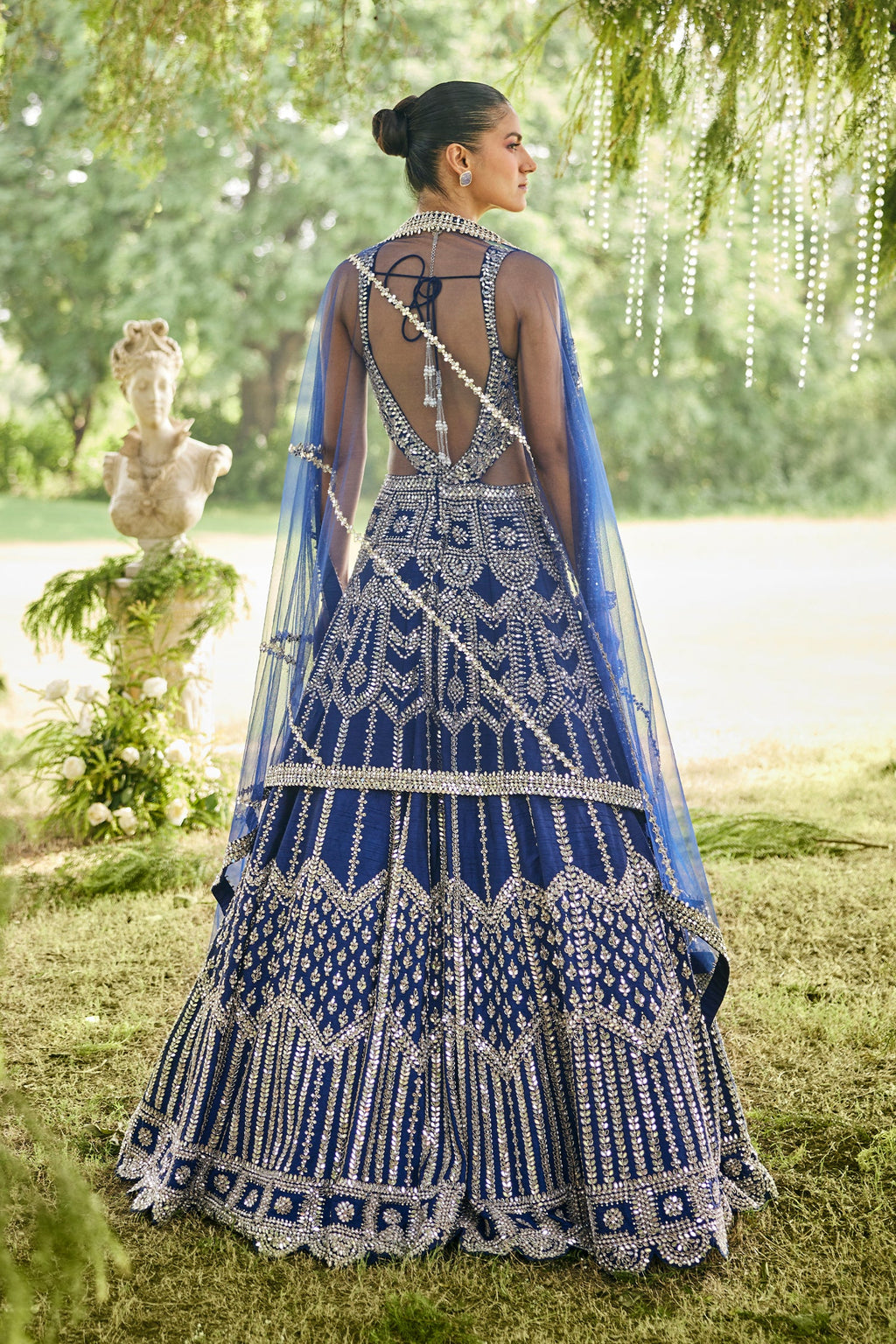 Blue Raw Silk Mirror Beaded Work Designer Side Cut Out Gown