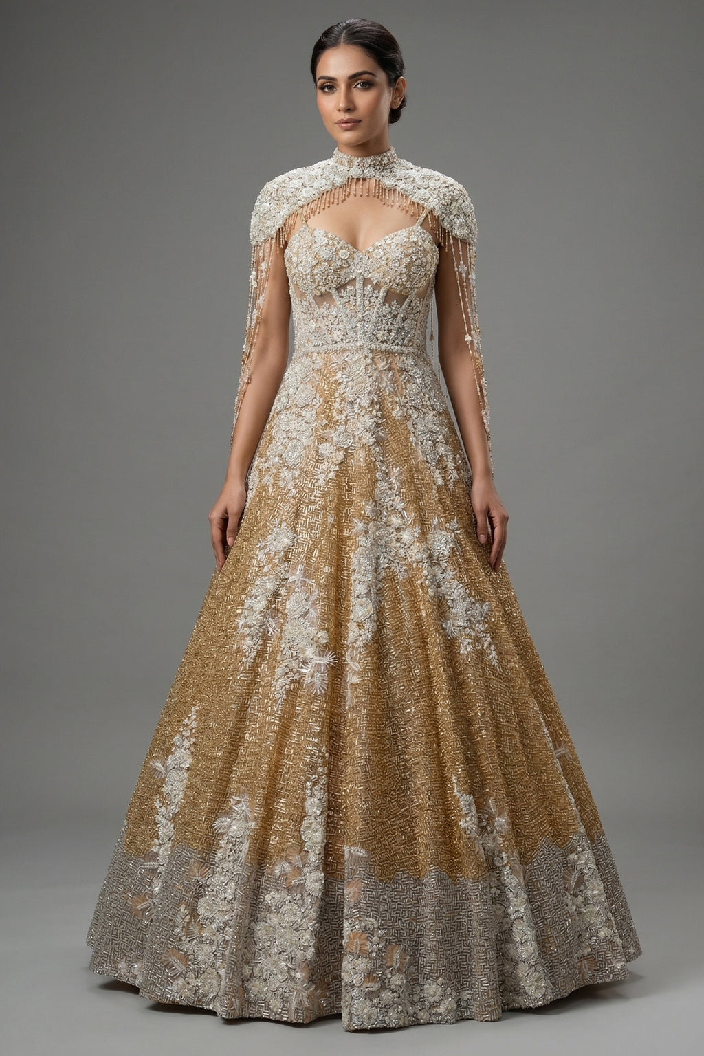 Champagne Gold Net Couture Gown - Front View