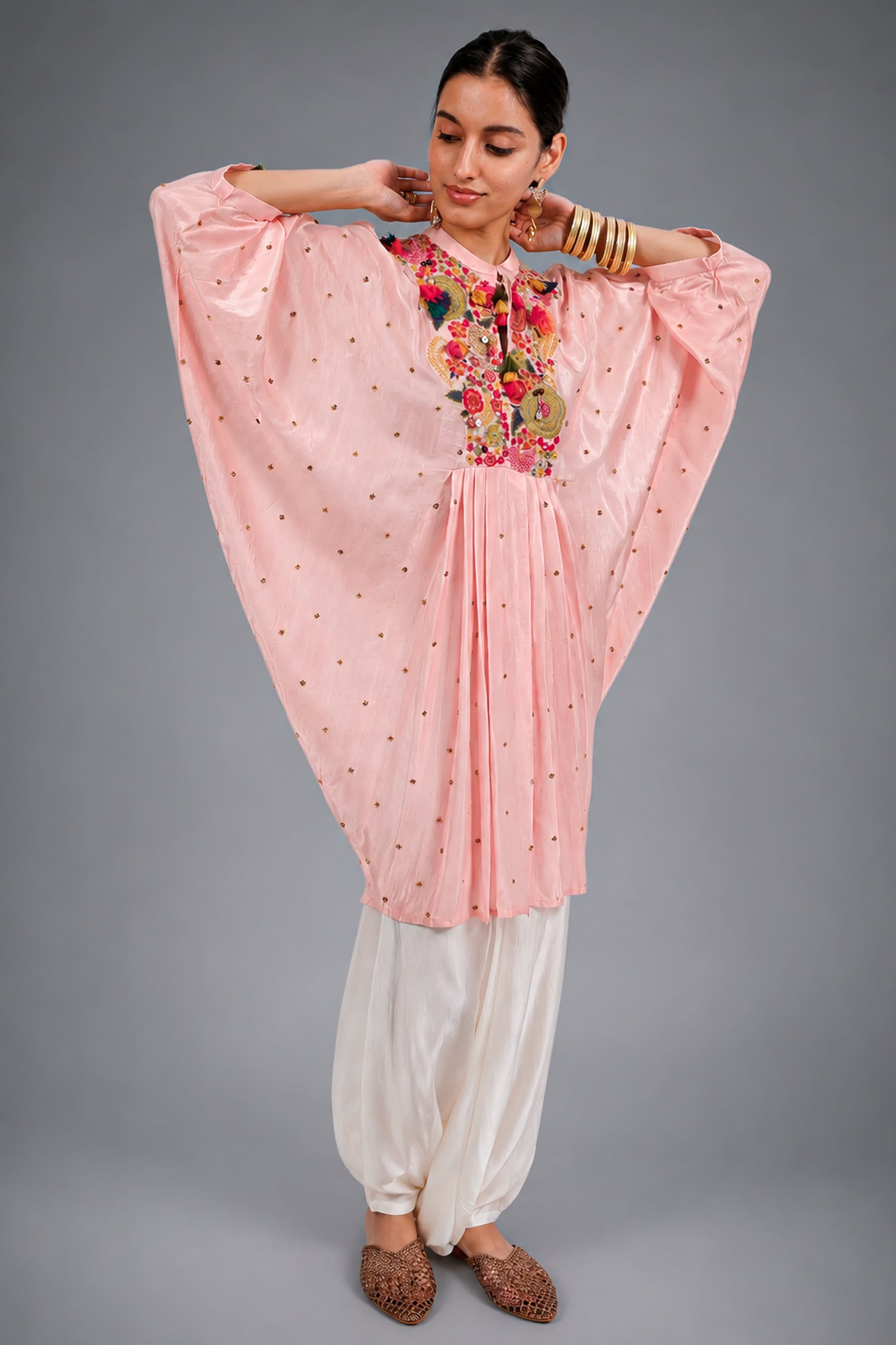 Light Pink Silk Intricate Thread Embroidery Kaftan Style Top - pink silk saree embroidery Main image