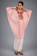 Light Pink Silk Intricate Thread Embroidery Kaftan Style Top - pink silk saree embroidery