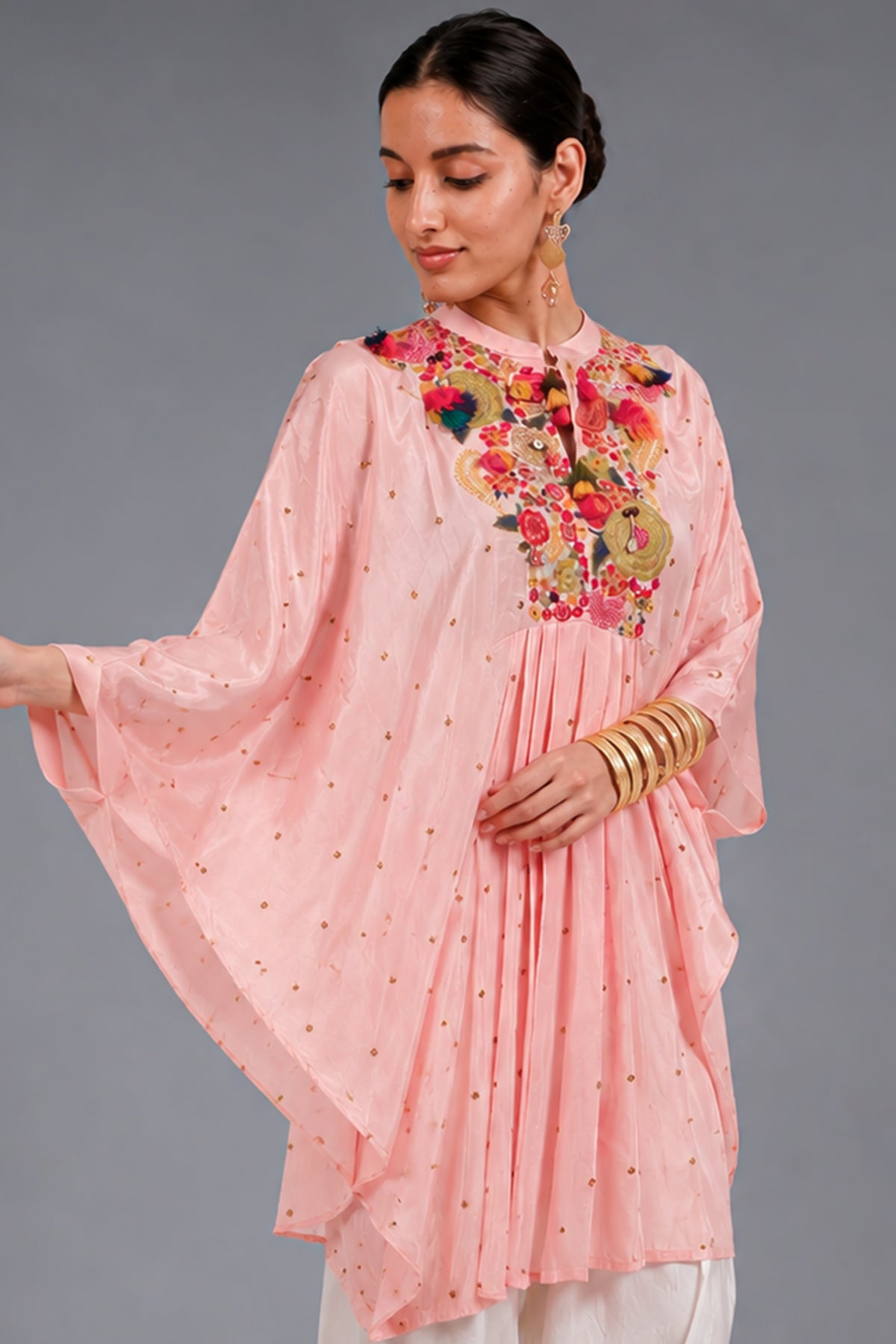 Light Pink Silk Intricate Thread Embroidery Kaftan Style Top - pink silk saree embroidery