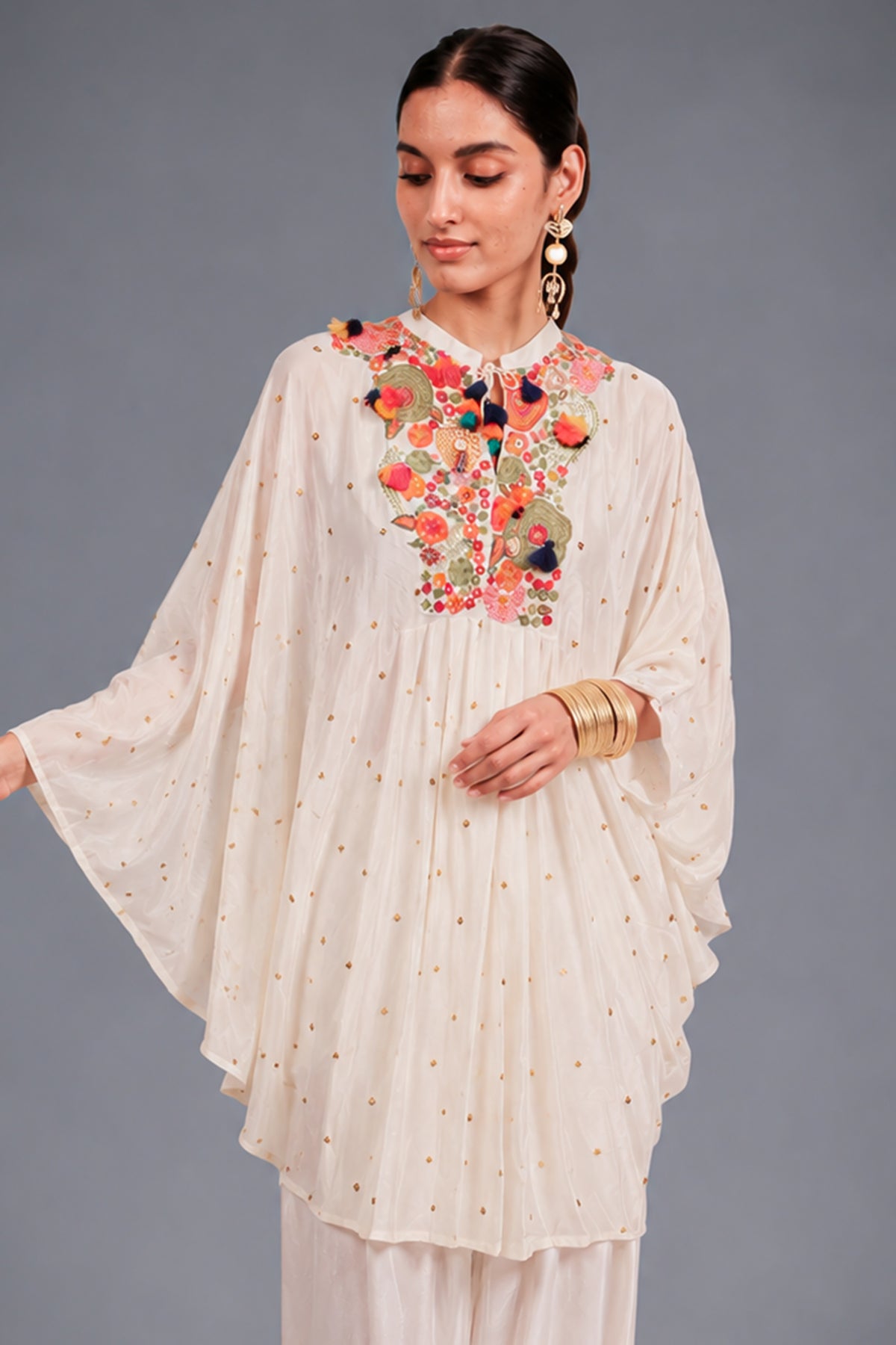 Pearl White Silk Intricate Thread Embroidery Kaftan Style Top - white silk saree embroidery