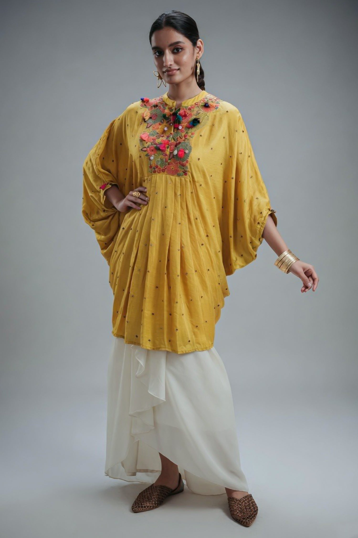 Yellow Silk Intricate Thread Embroidery Kaftan Style Top - yellow silk saree embroidery Main image