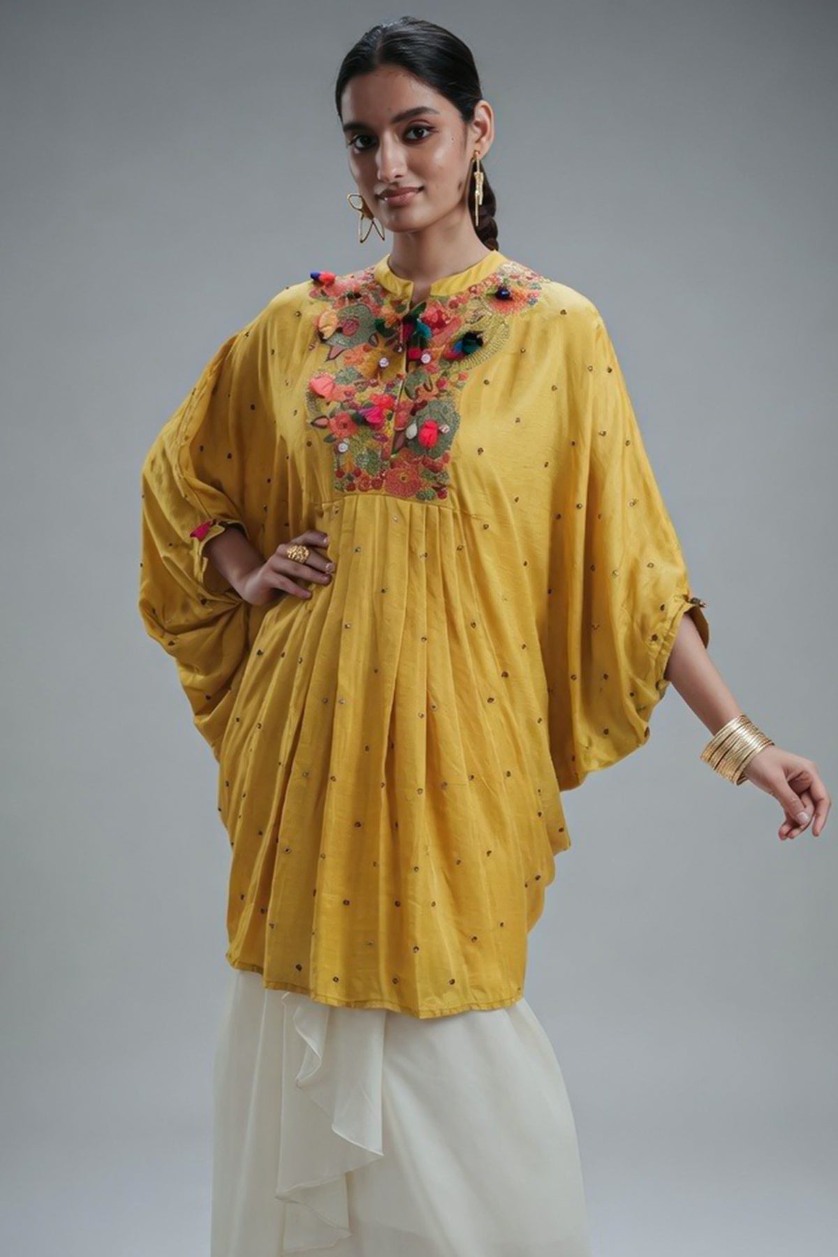 Yellow Silk Intricate Thread Embroidery Kaftan Style Top - yellow silk saree embroidery