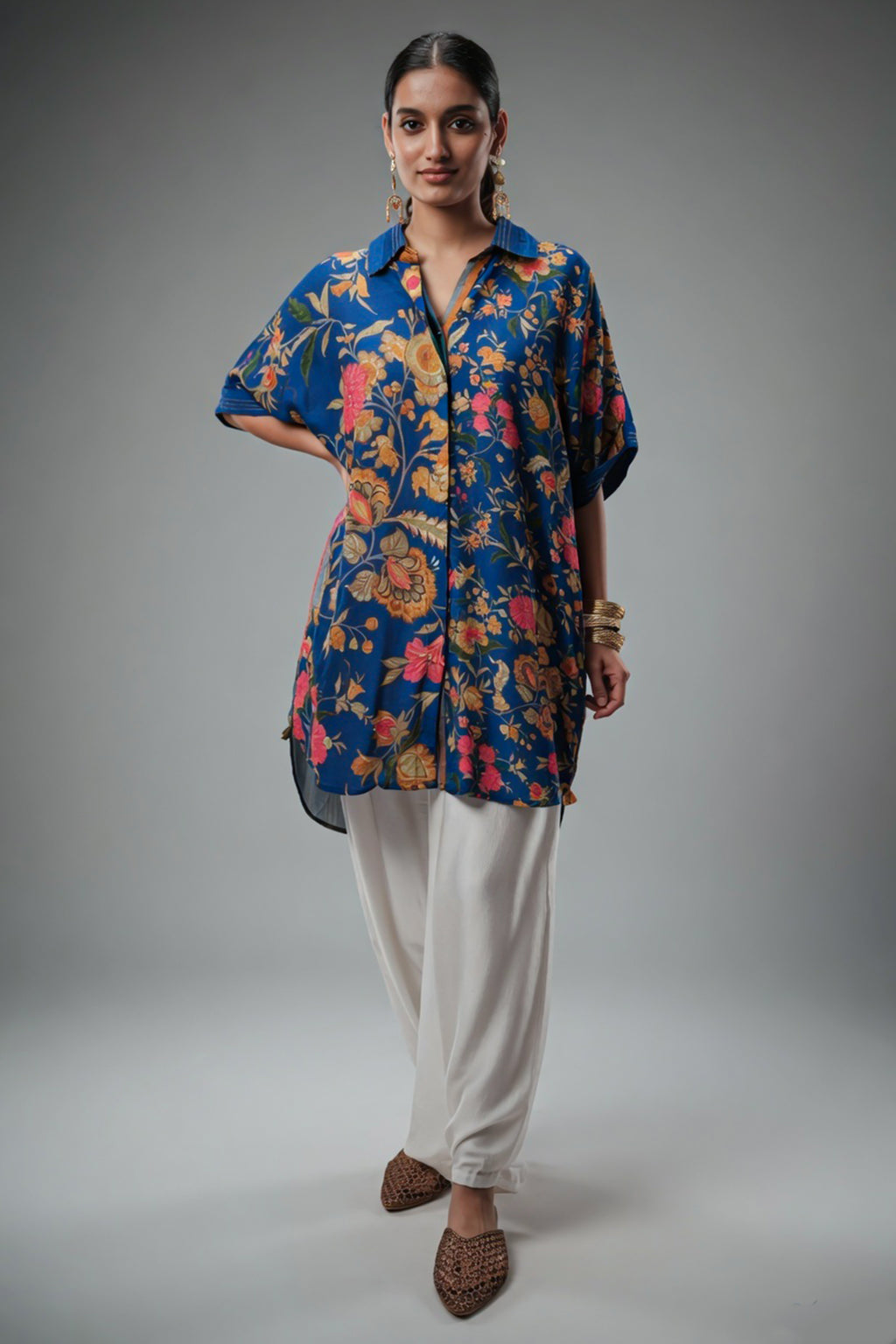 Blue Silk Floral Printed High and Low Top with Pocket - blue silk saree