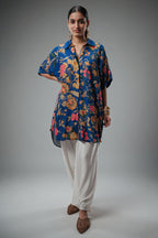 Blue Silk Floral Printed High and Low Top with Pocket - blue silk saree
