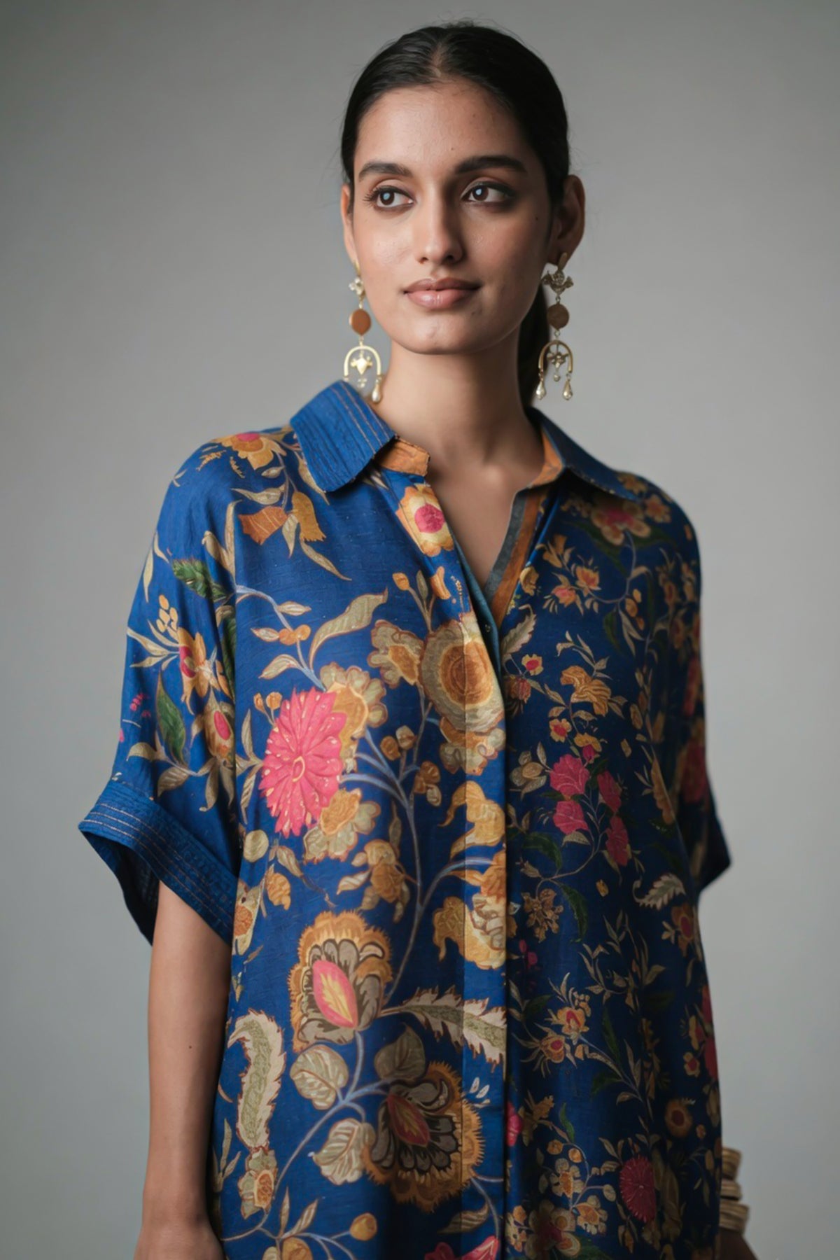 Blue Silk Floral Printed High and Low Top with Pocket - blue silk saree