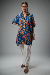 Blue Silk Floral Printed High and Low Top with Pocket - blue silk saree