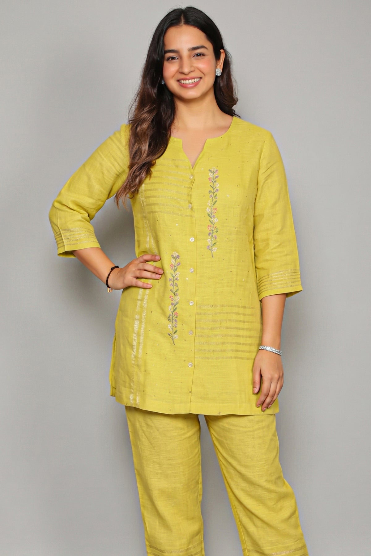 Light Green Cotton Embroidered Co-Ord Set - red cotton saree embroidered
