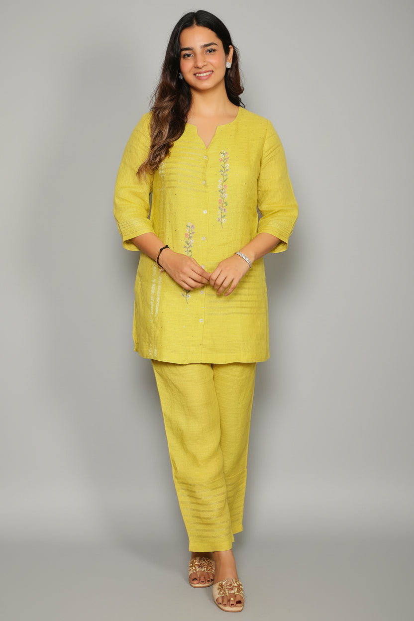 Light Green Cotton Embroidered Co-Ord Set - red cotton saree embroidered