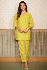 Light Green Cotton Embroidered Co-Ord Set - red cotton saree embroidered