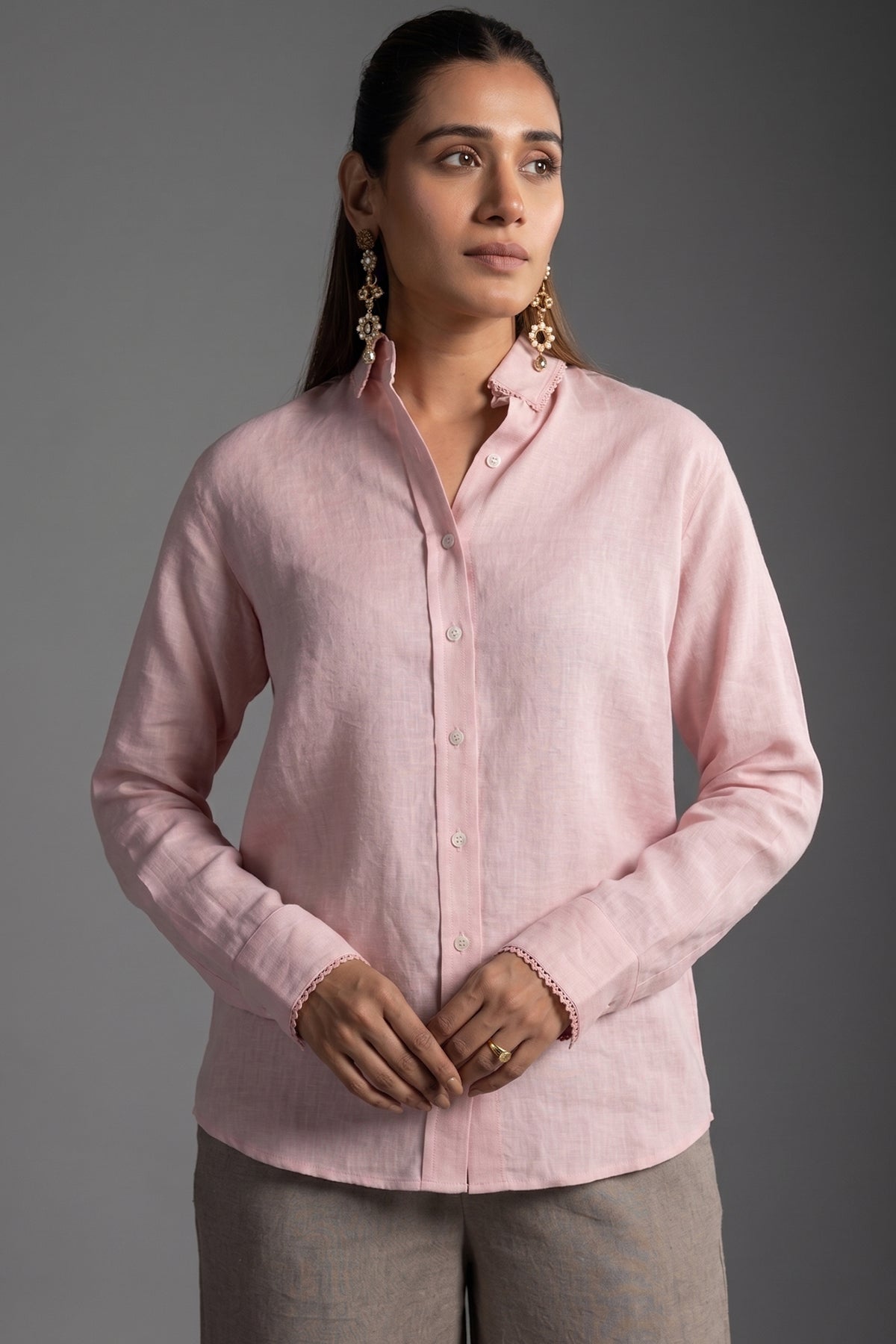 Close up of premium breathable fabric on Light Baby Pink Cotton Linen Co-Ord Set