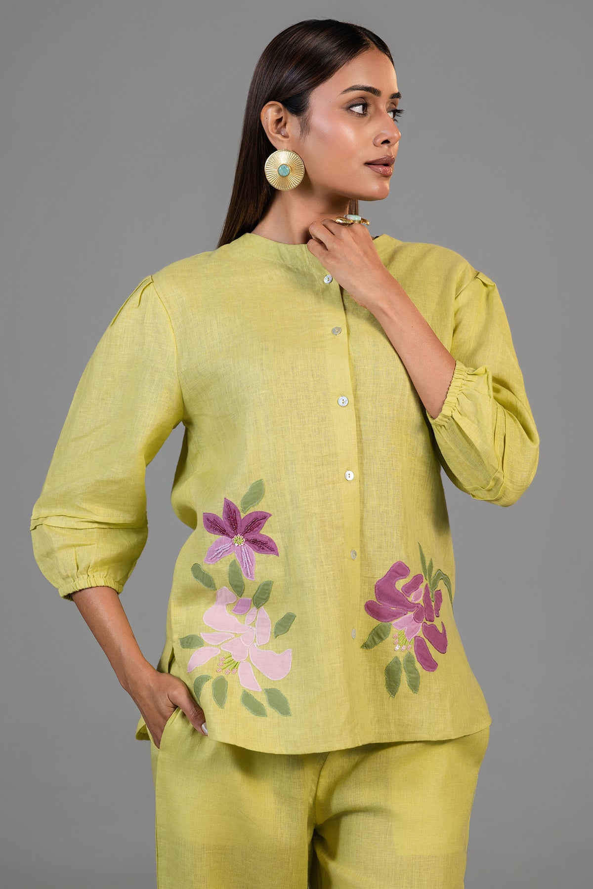 Full length elegant silhouette of modern Chartreuse Yellow Cotton Linen Co-Ord Set
