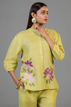 Full length elegant silhouette of modern Chartreuse Yellow Cotton Linen Co-Ord Set