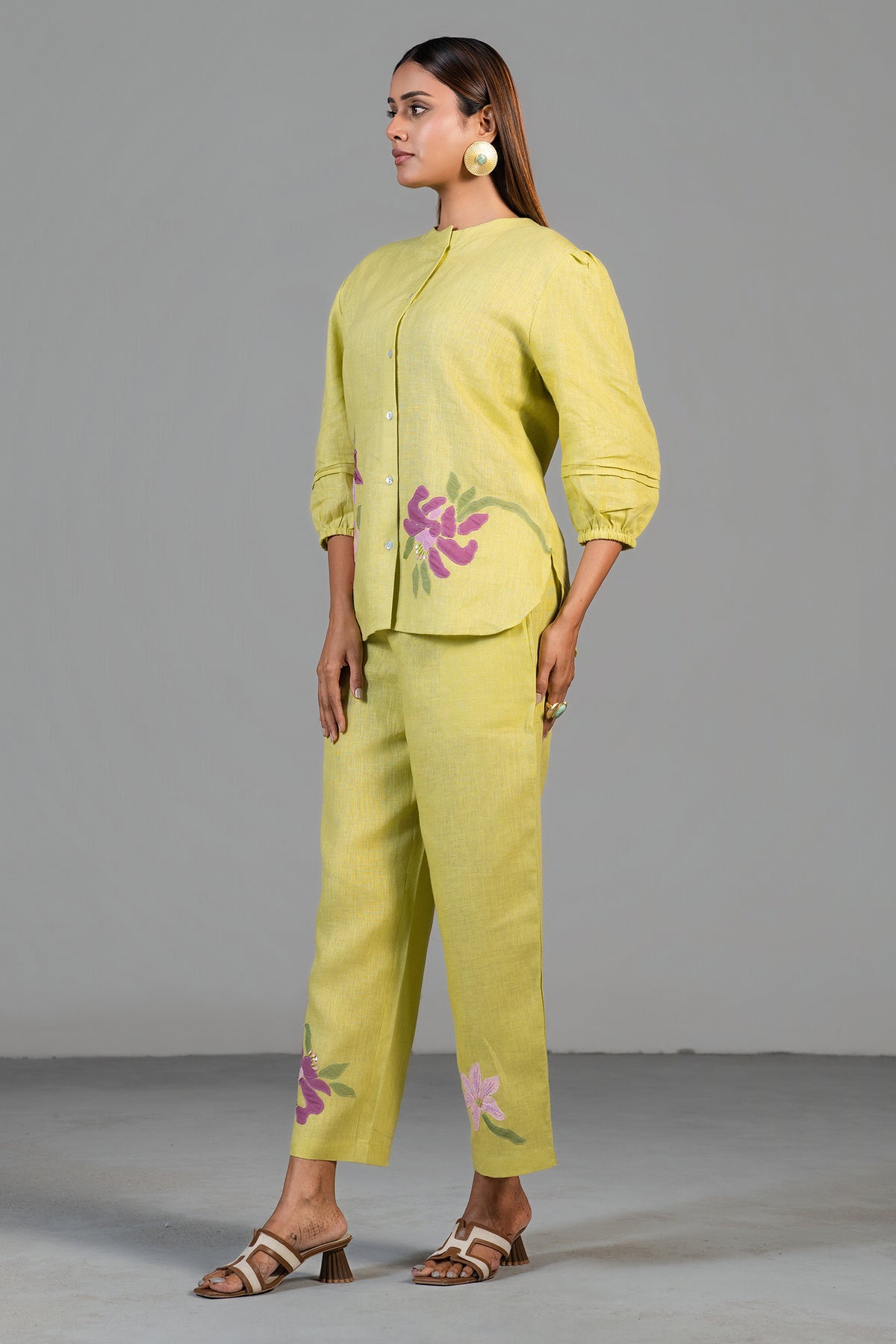 Close up of the sequin and beaded patchwork on Chartreuse Yellow Co-Ord Set