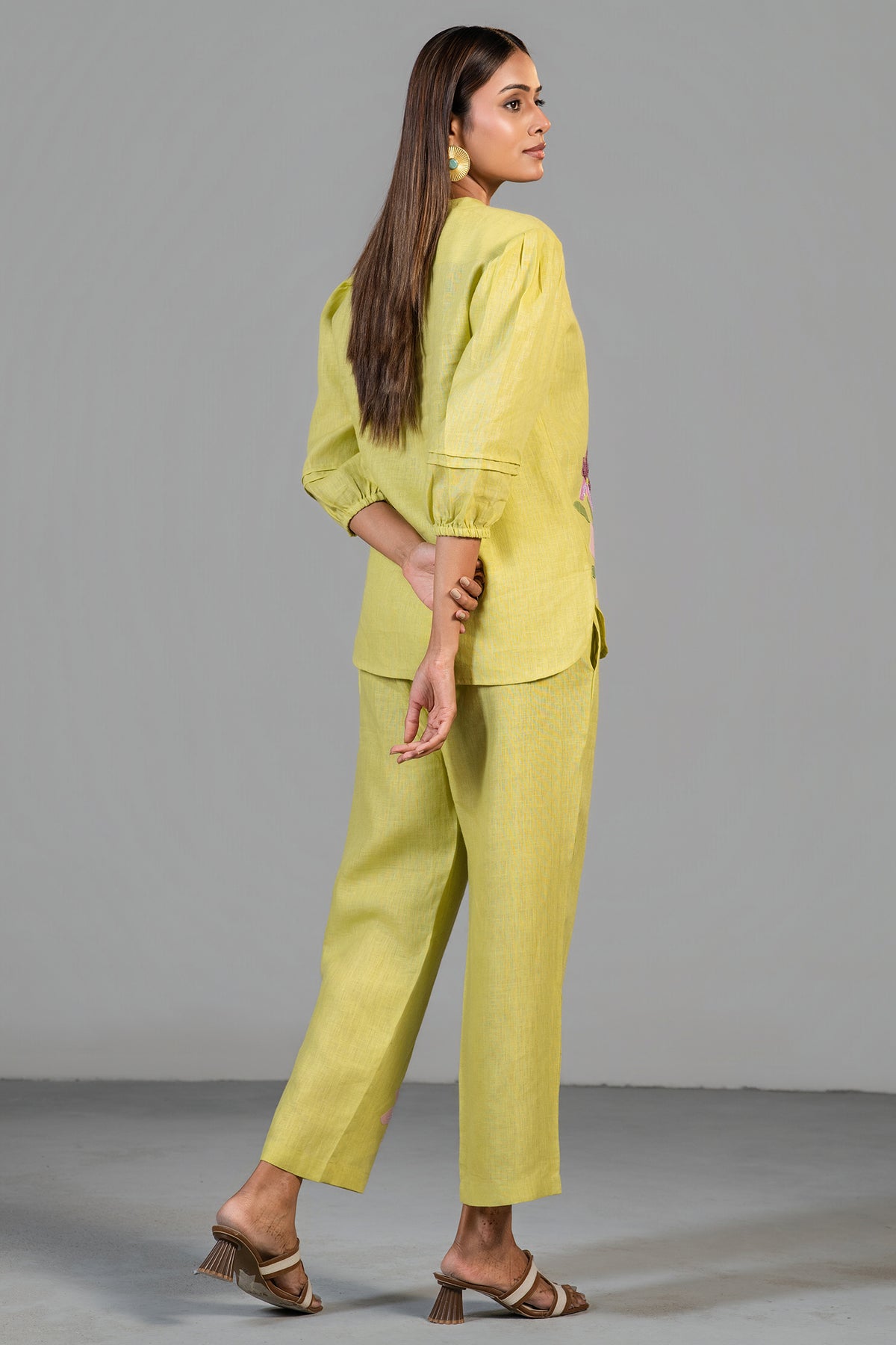 Premium breathable fabric texture and detailing of Chartreuse Yellow Co-Ord Set
