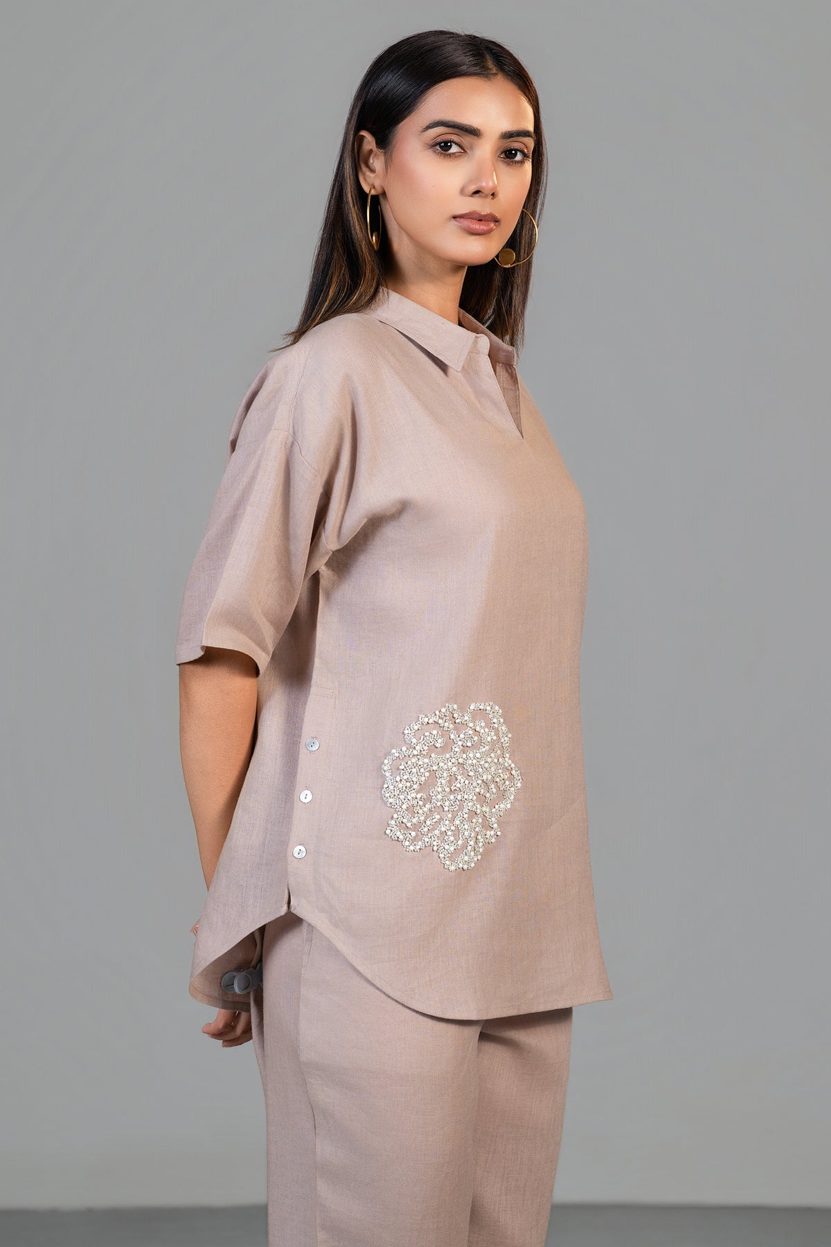 Premium linen fabric texture and tailoring details of Dusty Rose Pink Co-Ord Set