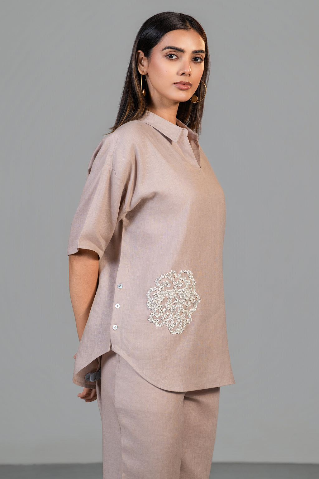 Premium linen fabric texture and tailoring details of Dusty Rose Pink Co-Ord Set