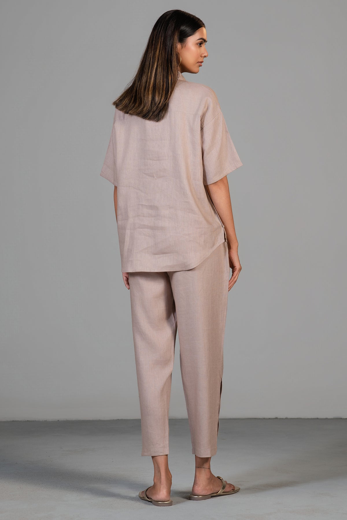 Dusty Rose Pink Linen Bead Work Co-Ord Set - pink linen saree
