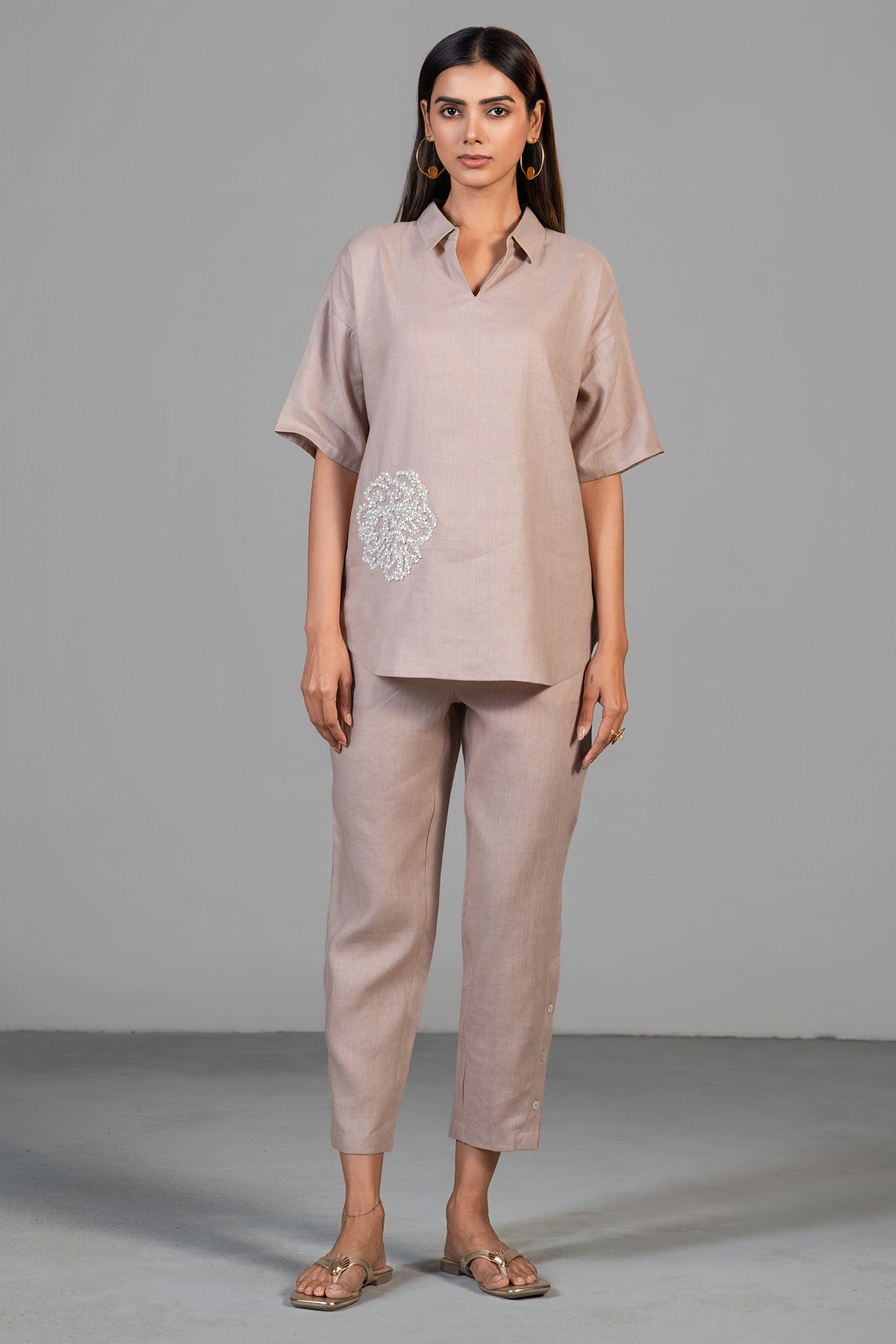 Full length elegant silhouette of contemporary Dusty Rose Pink Linen Co-Ord Set