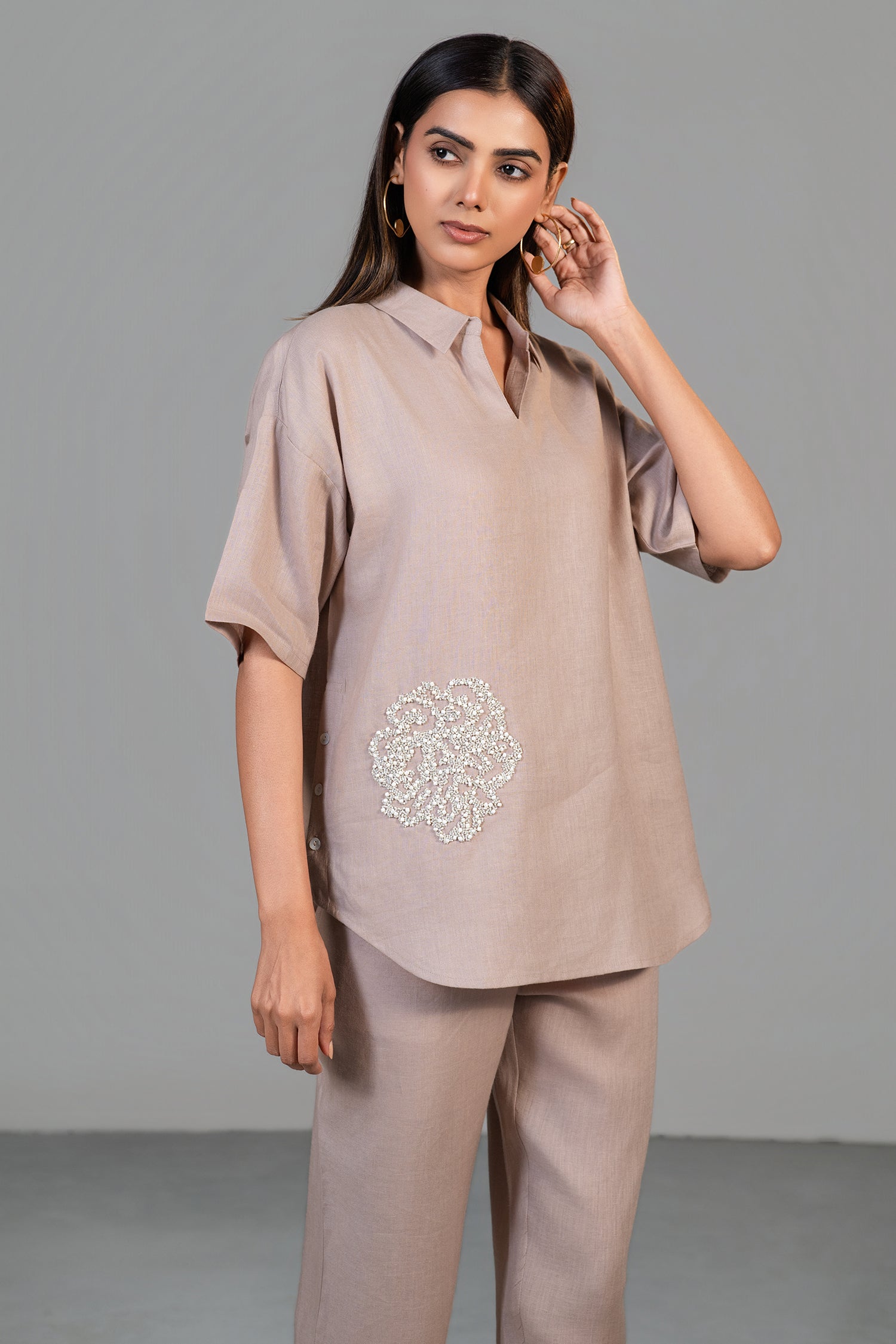 Chic Dusty Rose Pink Linen Bead Work Co-Ord Set for women quiet luxury wear