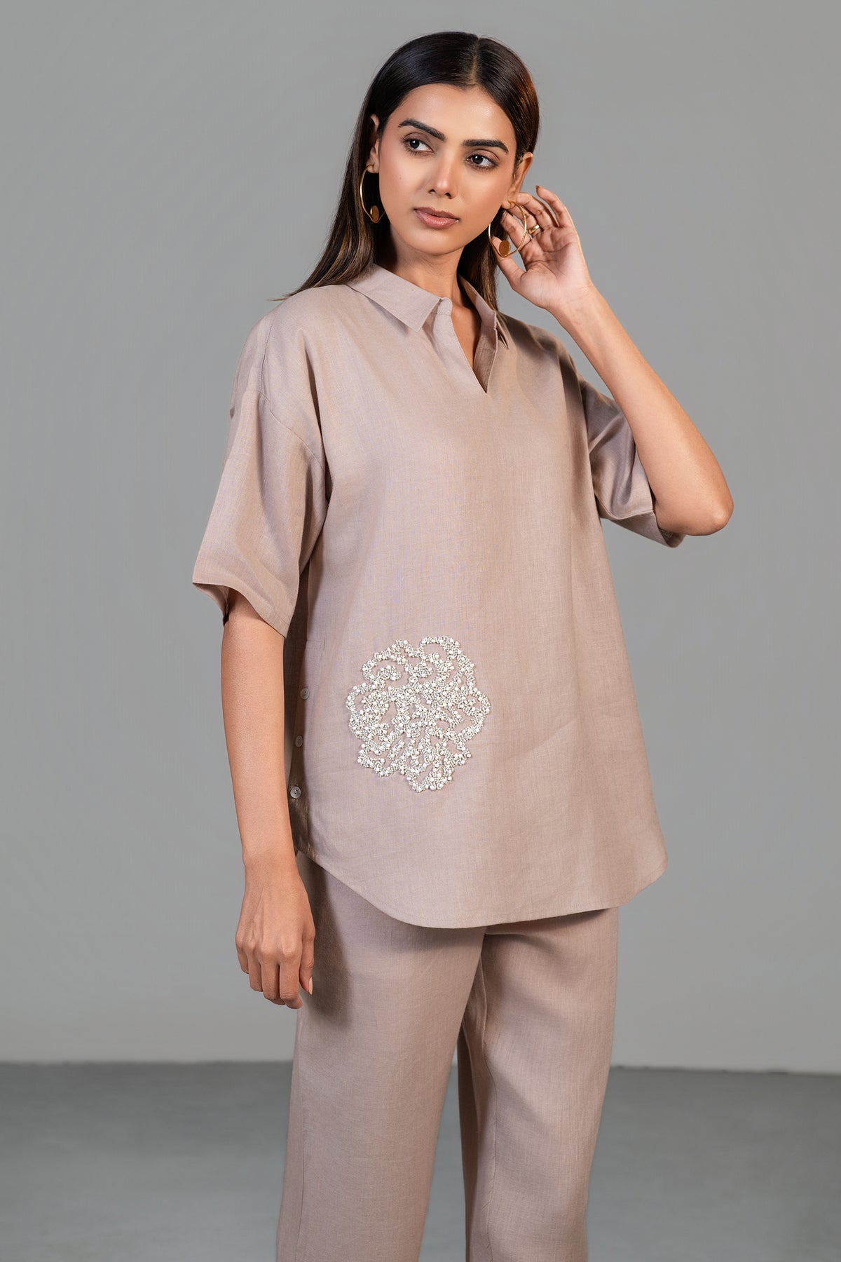 Chic Dusty Rose Pink Linen Bead Work Co-Ord Set for women quiet luxury wear