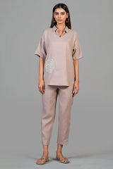 Dusty Rose Pink Linen Bead Work Co-Ord Set front view vintage charm fashion
