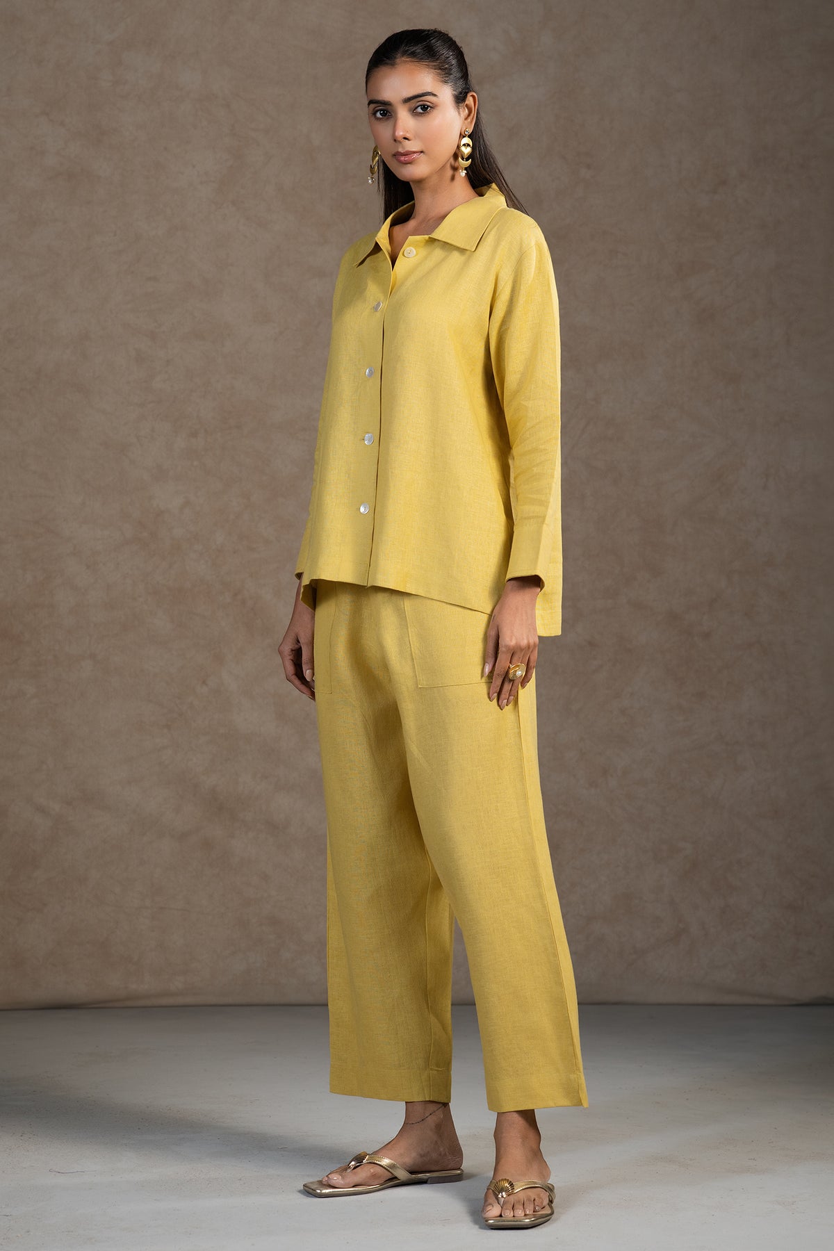 Full length elegant silhouette of contemporary Lime Yellow Linen Solid Co-Ord Set