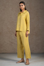 Full length elegant silhouette of contemporary Lime Yellow Linen Solid Co-Ord Set