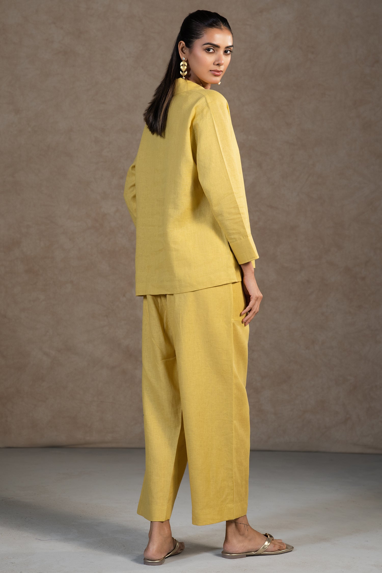 Tailoring and fine stitching details of the Lime Yellow Linen Solid Co-Ord Set