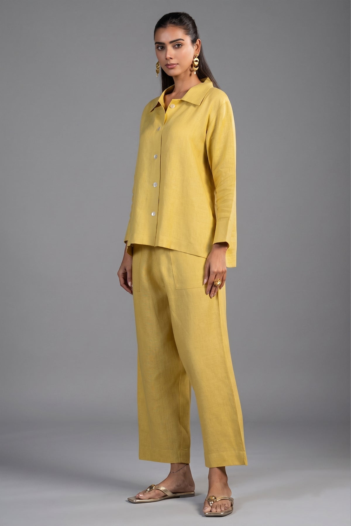 Lime Yellow Linen Solid Co-Ord Set front view chic minimalist fashion