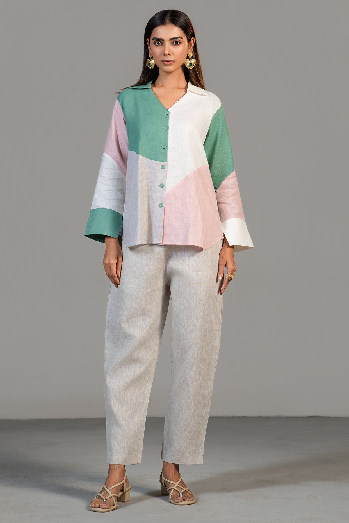 Designer Multi Colored Linen Tunic and Pant Set for smart-casual wear