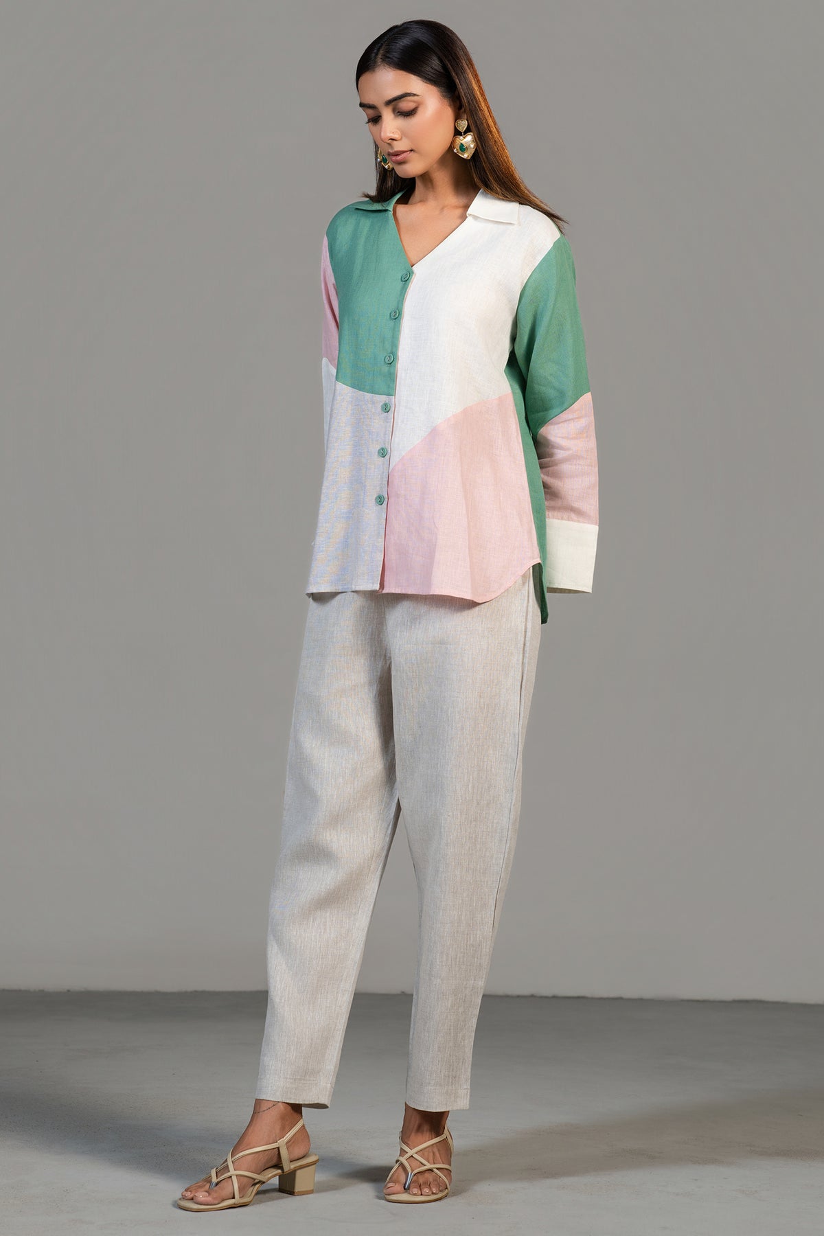 Structured silhouette of the Multi Colored Linen Tunic and Pant Set