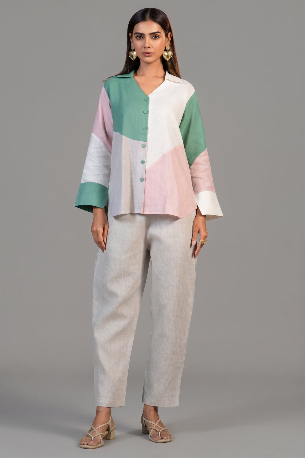 Multi Colored Linen Tunic and Pant Set - Front View
