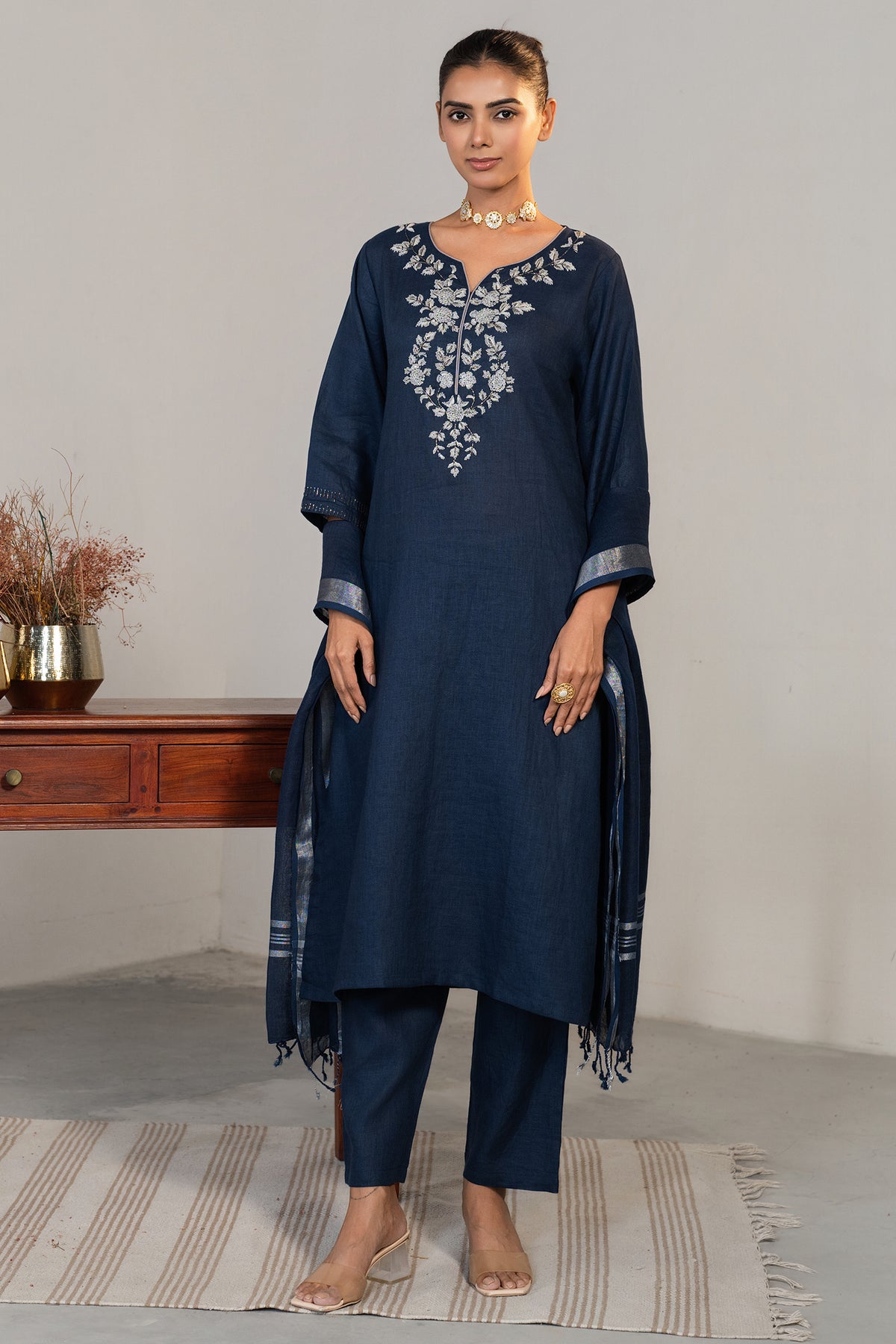 Full length elegant silhouette of Prussian Blue Cotton Embroidery Kurti Set
