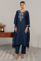Full length elegant silhouette of Prussian Blue Cotton Embroidery Kurti Set