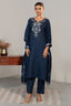 Full length elegant silhouette of Prussian Blue Cotton Embroidery Kurti Set